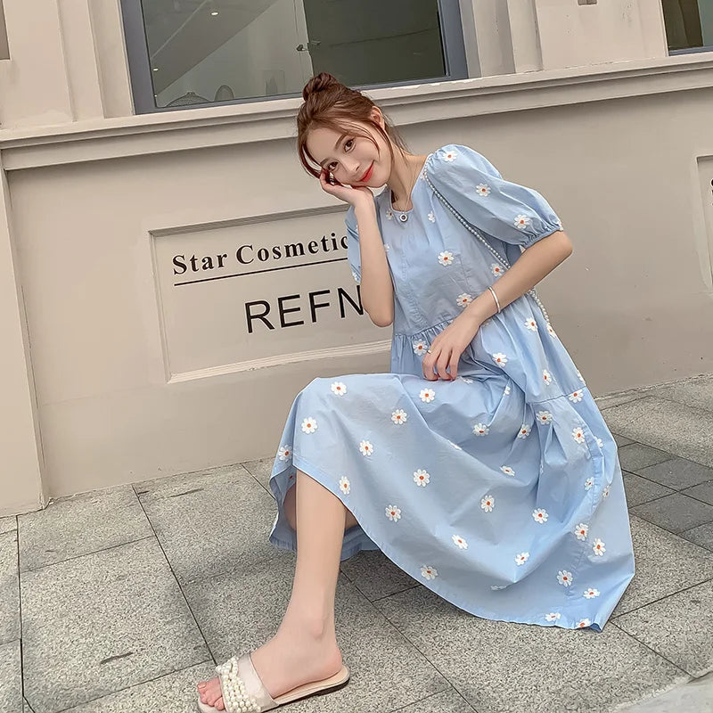 8003# Maternity Clothes Summer Floral Cotton Short Sleeve Loose Stylish Dress for Pregnant Women Mom Dress