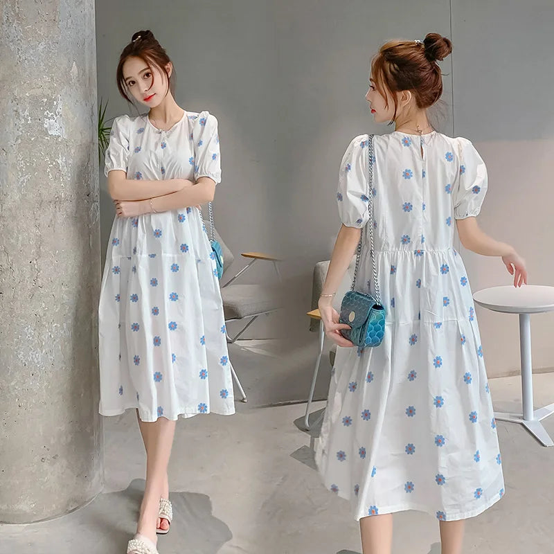 8003# Maternity Clothes Summer Floral Cotton Short Sleeve Loose Stylish Dress for Pregnant Women Mom Dress