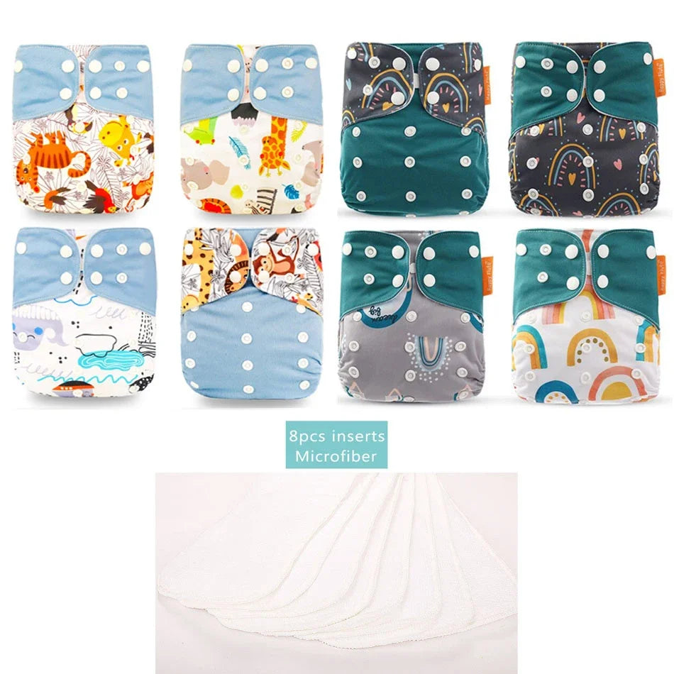 Happyflute 8 Diapers+8 Inserts Baby Cloth Diapers One Size Adjustable Washable Reusable Cloth Nappy for Baby Girls and Boys