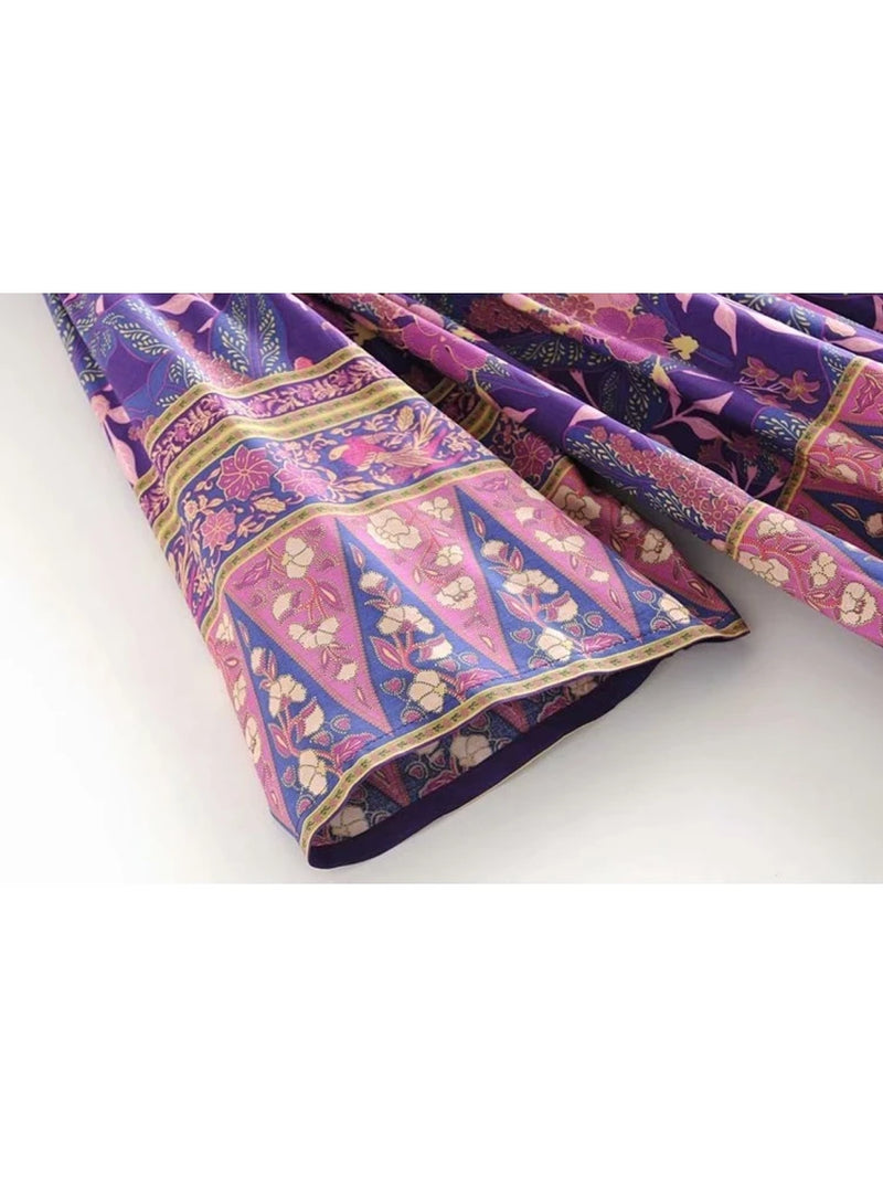 Vintage Chic Women Purple Floral Print V-Neck Rayon Beach Bohemian Dresses Ladies Tassel Lace-Up Summer Boho Maxi Dress Robe