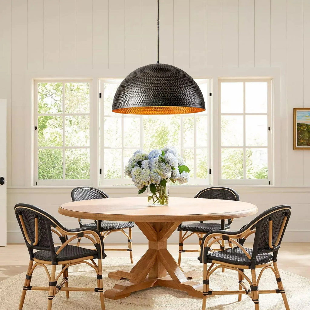 Hammered Black Brass Dome Pendant Light - Handmade Moroccan Ceiling Lamp
