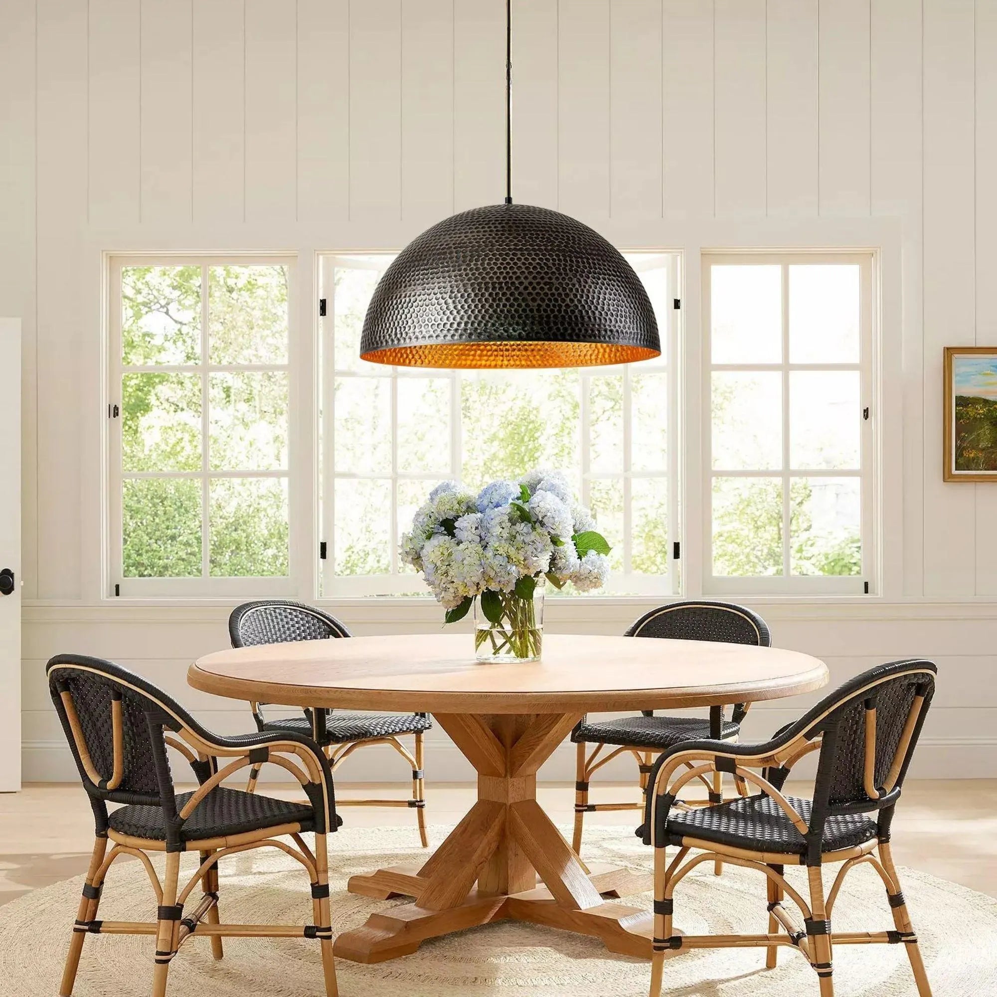 Hammered Black Brass Dome Pendant Light - Handmade Moroccan Ceiling Lamp