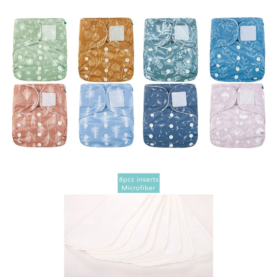 Happyflute 8 Diapers+8 Inserts Baby Cloth Diapers One Size Adjustable Washable Reusable Cloth Nappy for Baby Girls and Boys