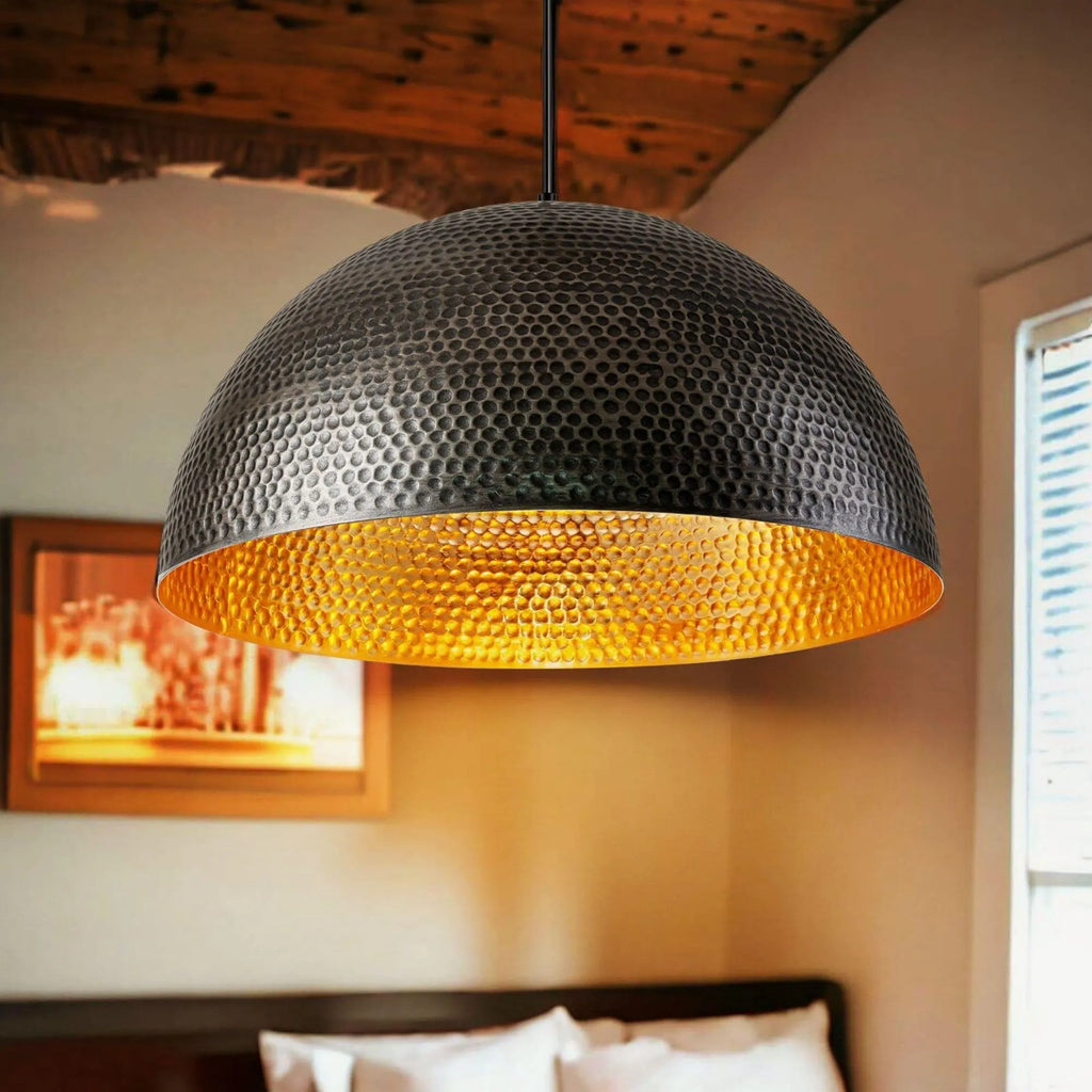 Hammered Black Brass Dome Pendant Light - Handmade Moroccan Ceiling Lamp