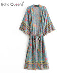 Women Green Floral Print Sashes Bohemian Kimono Ladies V Neck Batwing Sleeves Vintage Maxi Dress Robe