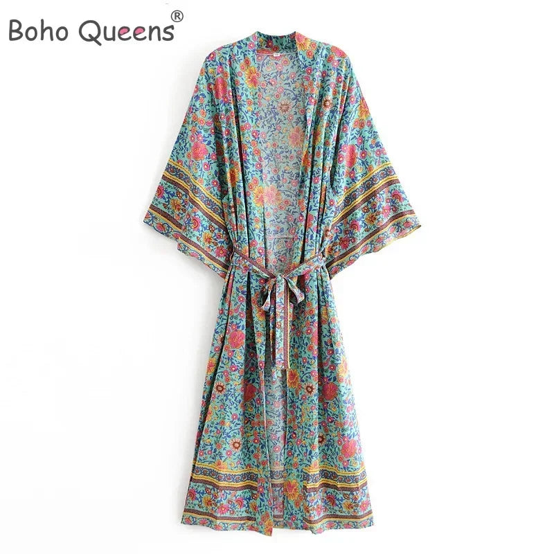 Women Green Floral Print Sashes Bohemian Kimono Ladies V Neck Batwing Sleeves Vintage Maxi Dress Robe