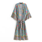 Women Green Floral Print Sashes Bohemian Kimono Ladies V Neck Batwing Sleeves Vintage Maxi Dress Robe