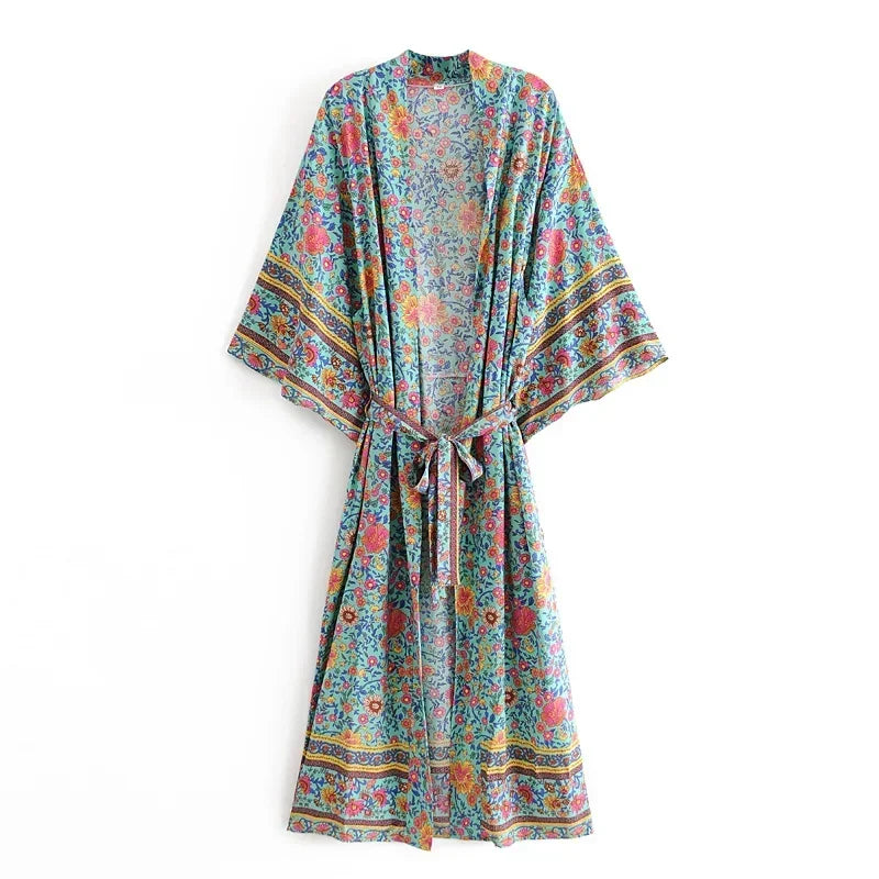 Women Green Floral Print Sashes Bohemian Kimono Ladies V Neck Batwing Sleeves Vintage Maxi Dress Robe