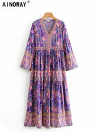 Vintage Chic Women Purple Floral Print V-Neck Rayon Beach Bohemian Dresses Ladies Tassel Lace-Up Summer Boho Maxi Dress Robe