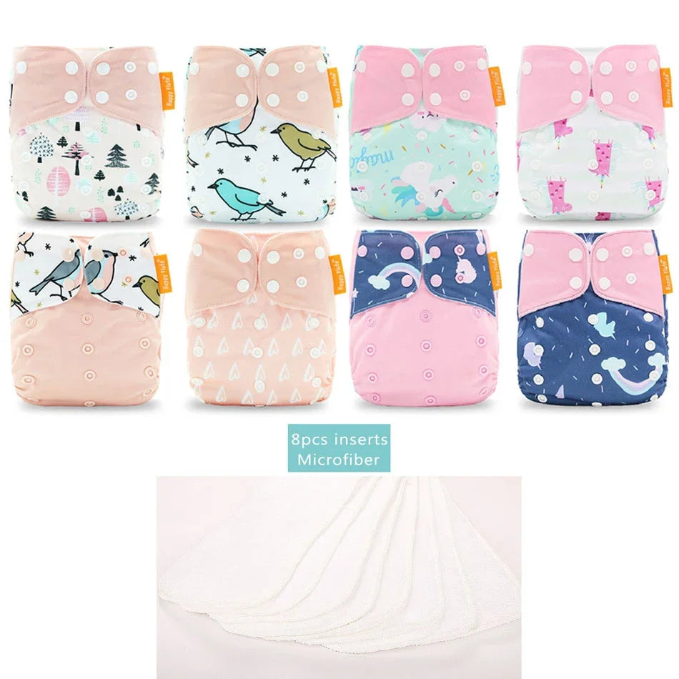 Happyflute 8 Diapers+8 Inserts Baby Cloth Diapers One Size Adjustable Washable Reusable Cloth Nappy for Baby Girls and Boys