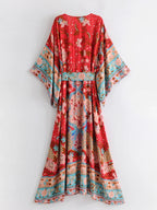 Vintage Chic Women Red Floral Print Bat Sleeve Beach Bohemian Dresses Kimono Ladies V Neck Sashes Boho Maxi Dress Vestidos