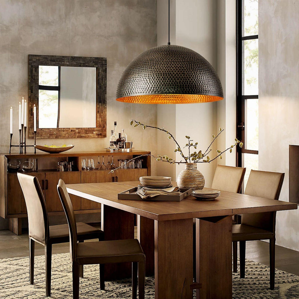 Hammered Black Brass Dome Pendant Light - Handmade Moroccan Ceiling Lamp