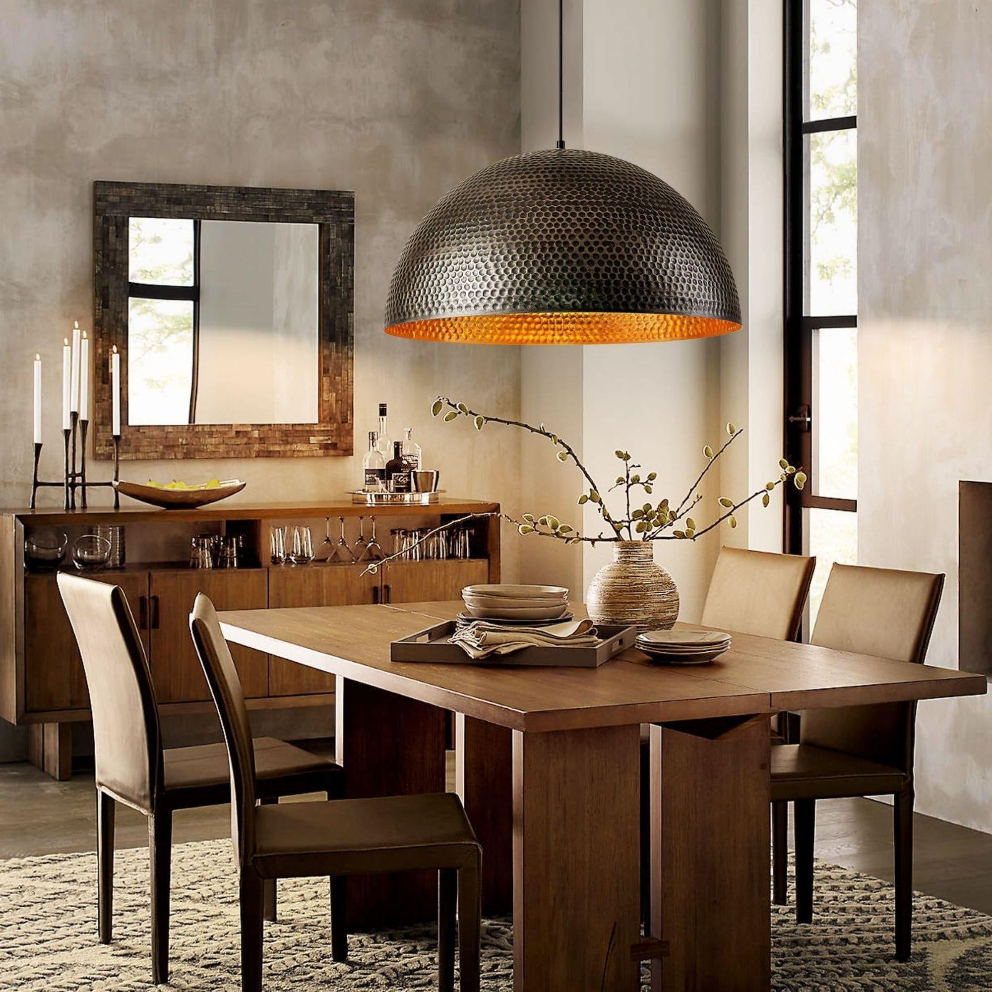 Hammered Black Brass Dome Pendant Light - Handmade Moroccan Ceiling Lamp