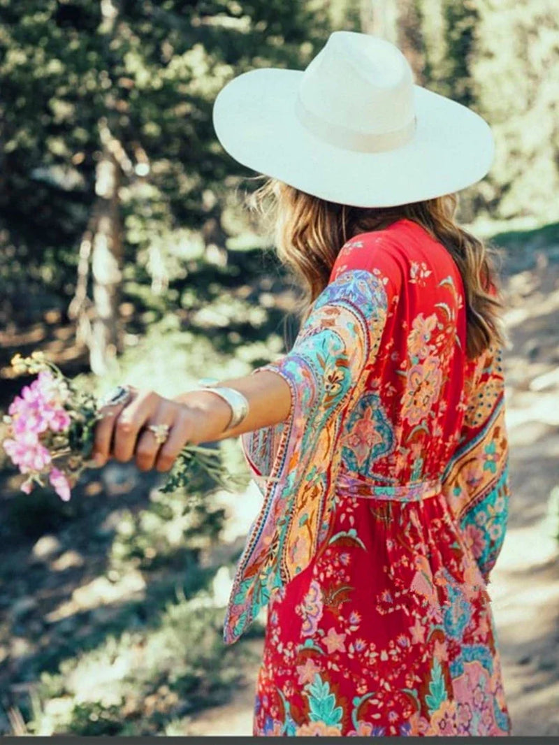 Vintage Chic Women Red Floral Print Bat Sleeve Beach Bohemian Dresses Kimono Ladies V Neck Sashes Boho Maxi Dress Vestidos