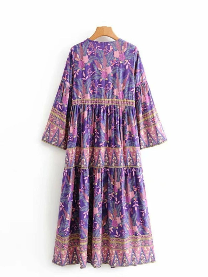 Vintage Chic Women Purple Floral Print V-Neck Rayon Beach Bohemian Dresses Ladies Tassel Lace-Up Summer Boho Maxi Dress Robe