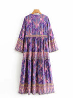 Vintage Chic Women Purple Floral Print V-Neck Rayon Beach Bohemian Dresses Ladies Tassel Lace-Up Summer Boho Maxi Dress Robe