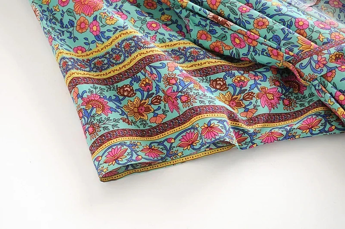 Women Green Floral Print Sashes Bohemian Kimono Ladies V Neck Batwing Sleeves Vintage Maxi Dress Robe