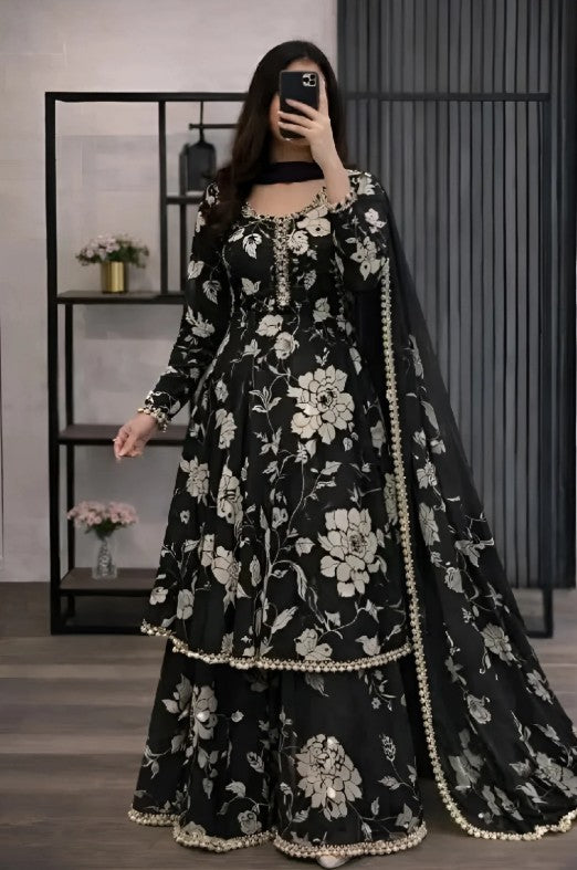 3-piece Lawn frock style Printed suit flared kameez