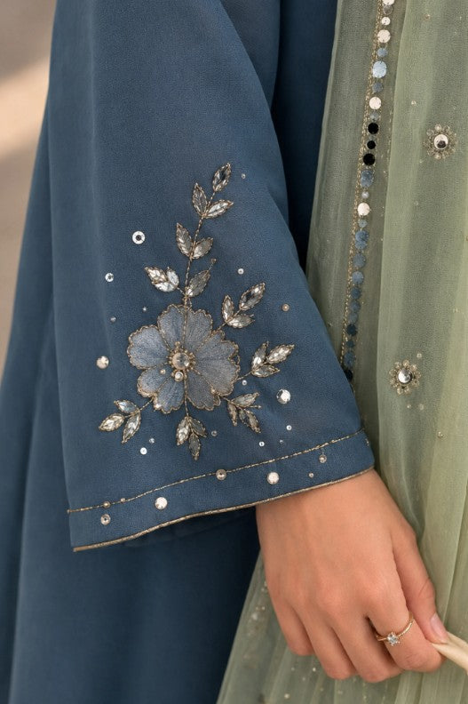 3PC Lawn Embroidered Suit  front and sleeves with a plain dyed back