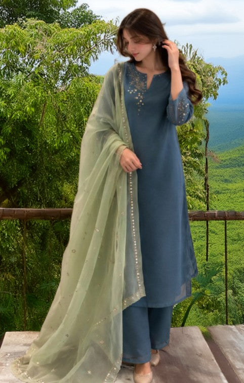 3PC Lawn Embroidered Suit  front and sleeves with a plain dyed back
