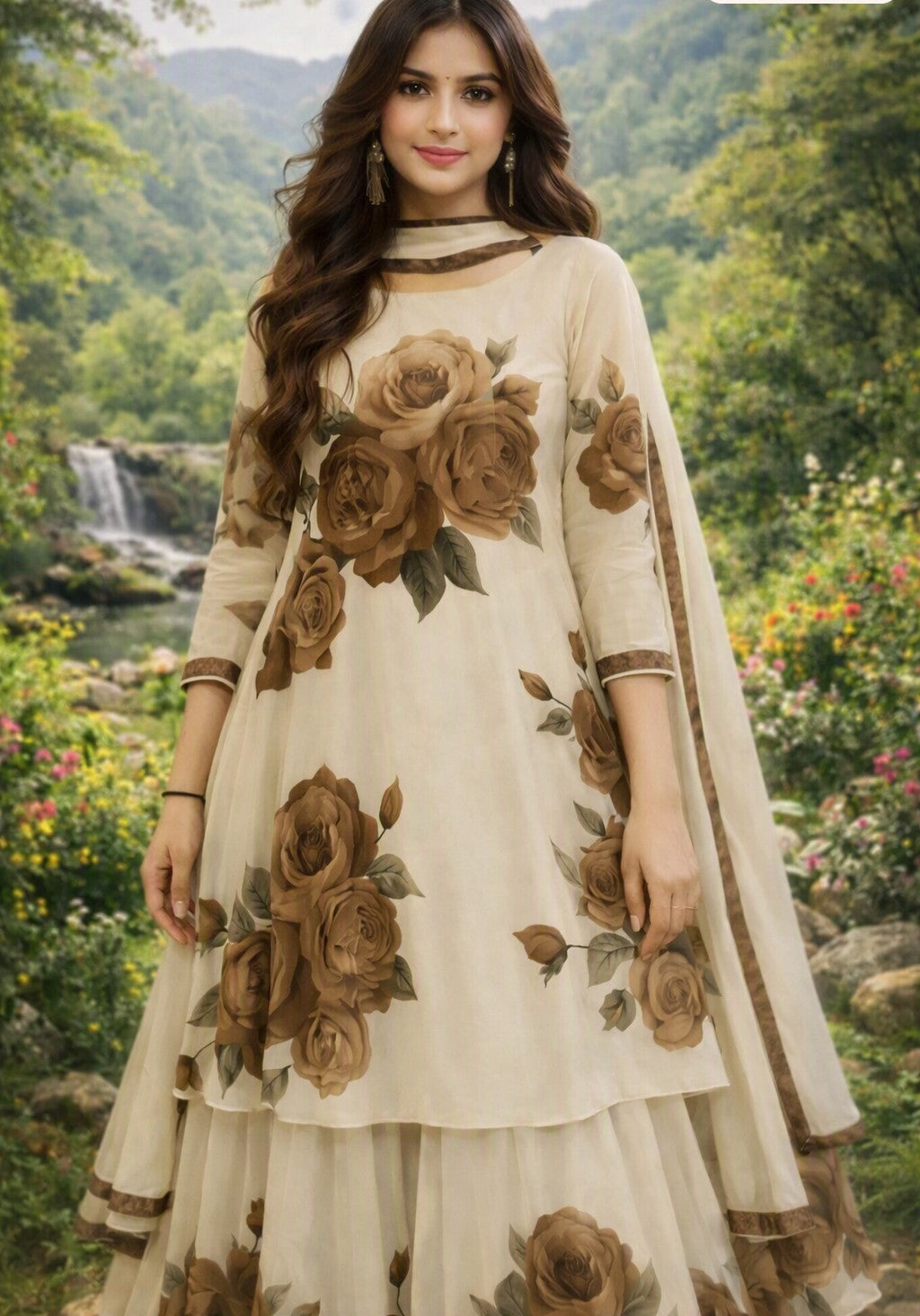 The Essence of Timeless Grace Cream Soft Brown Rose Ensemble Dress Tradition and Modernity