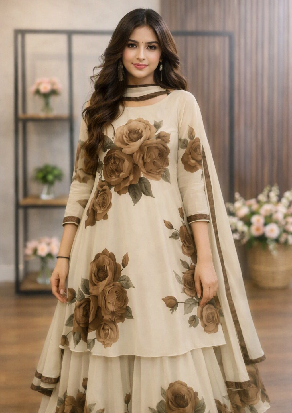 The Essence of Timeless Grace Cream Soft Brown Rose Ensemble Dress Tradition and Modernity
