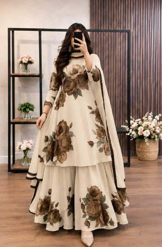 The Essence of Timeless Grace Cream Soft Brown Rose Ensemble Dress Tradition and Modernity