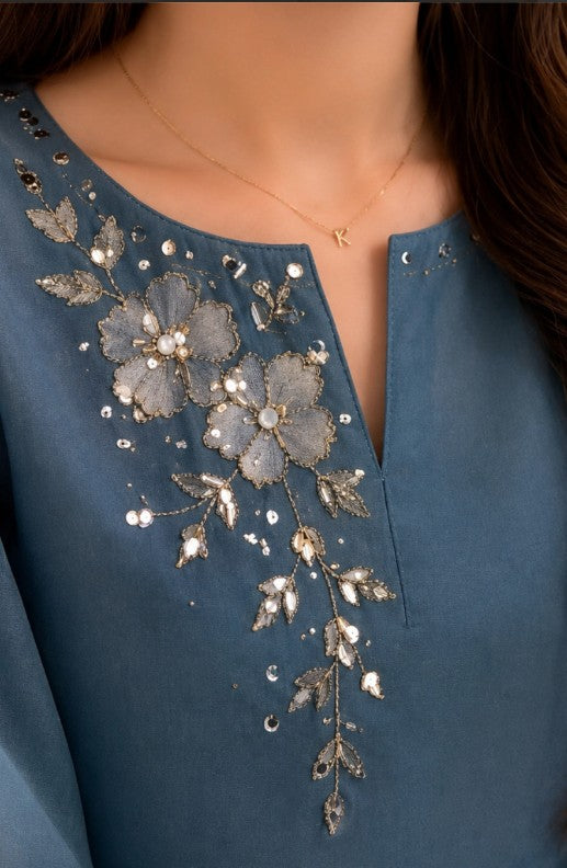 3PC Lawn Embroidered Suit  front and sleeves with a plain dyed back