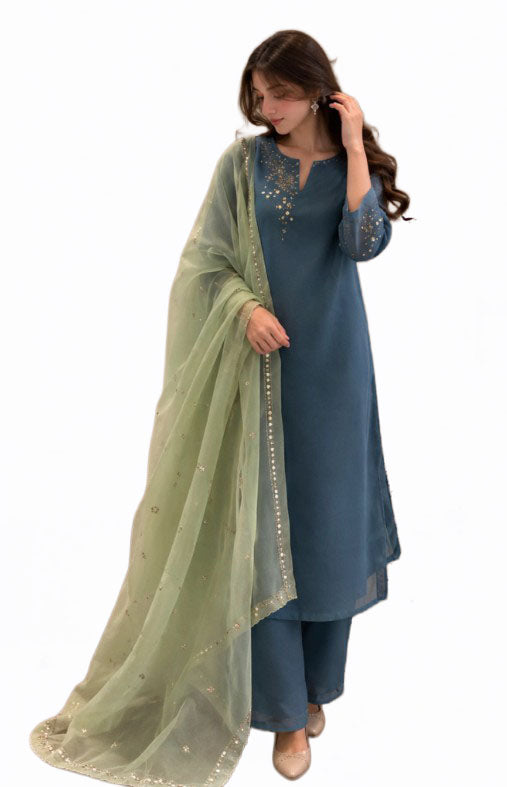3PC Lawn Embroidered Suit  front and sleeves with a plain dyed back