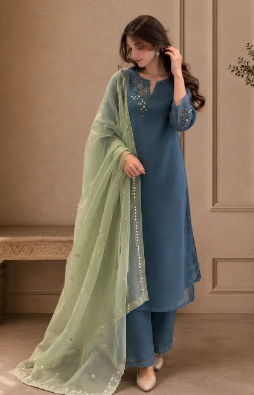 3PC Lawn Embroidered Suit  front and sleeves with a plain dyed back