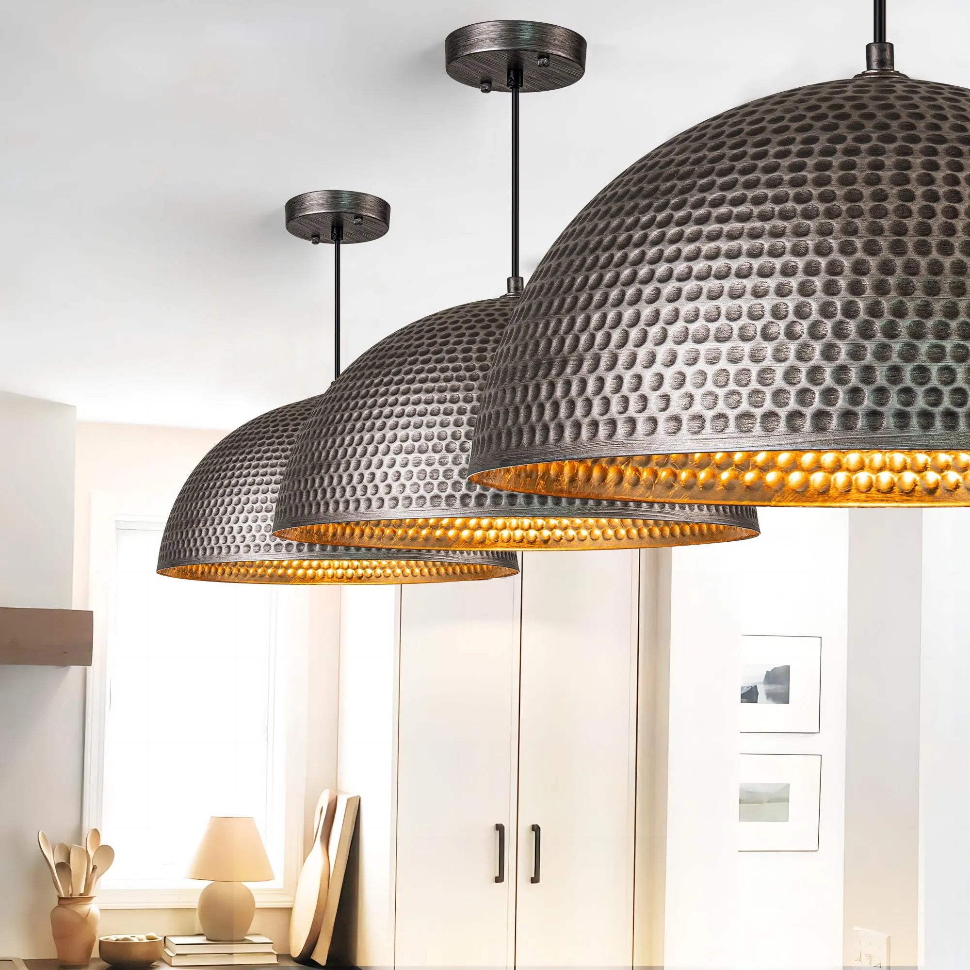 Hammered Black Brass Dome Pendant Light - Handmade Moroccan Ceiling Lamp