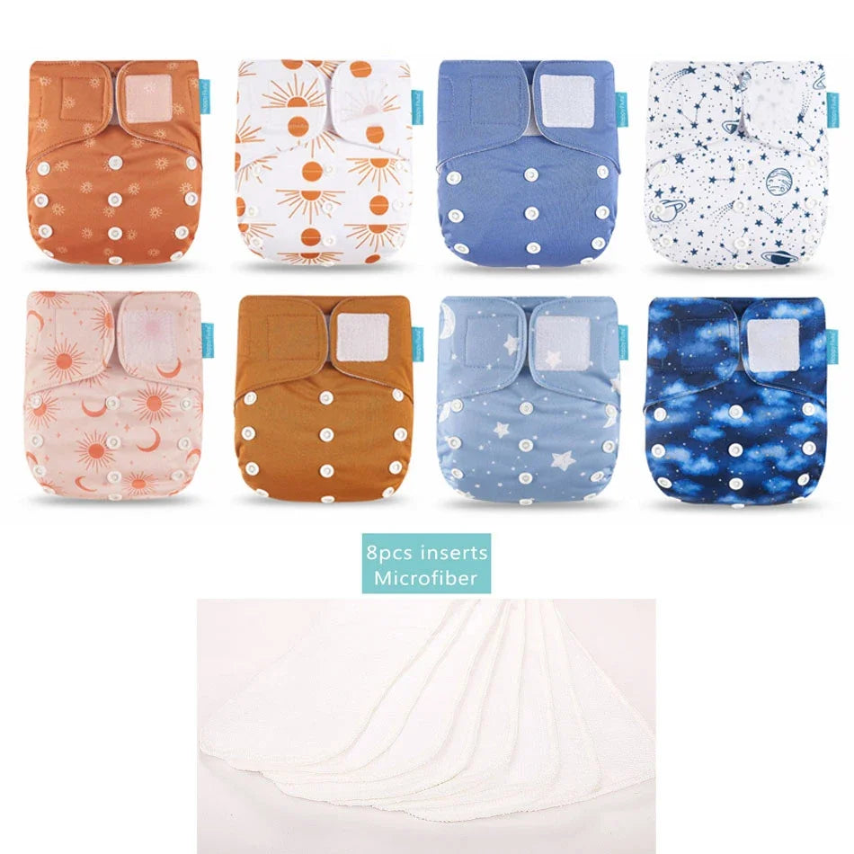 Happyflute 8 Diapers+8 Inserts Baby Cloth Diapers One Size Adjustable Washable Reusable Cloth Nappy for Baby Girls and Boys