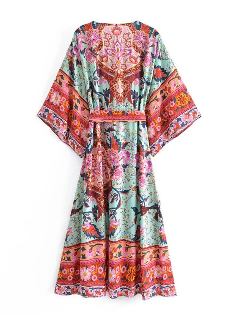 Vintage Chic Women Red Floral Print Bat Sleeve Beach Bohemian Dresses Kimono Ladies V Neck Sashes Boho Maxi Dress Vestidos