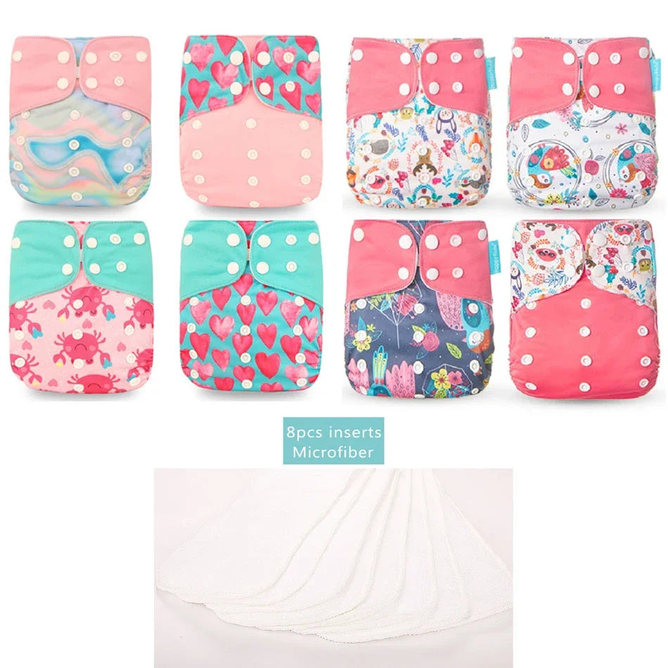 Happyflute 8 Diapers+8 Inserts Baby Cloth Diapers One Size Adjustable Washable Reusable Cloth Nappy for Baby Girls and Boys