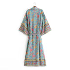 Women Green Floral Print Sashes Bohemian Kimono Ladies V Neck Batwing Sleeves Vintage Maxi Dress Robe