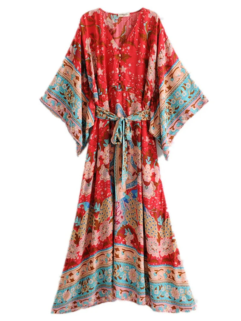 Vintage Chic Women Red Floral Print Bat Sleeve Beach Bohemian Dresses Kimono Ladies V Neck Sashes Boho Maxi Dress Vestidos