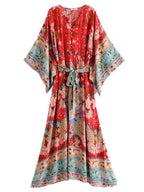 Vintage Chic Women Red Floral Print Bat Sleeve Beach Bohemian Dresses Kimono Ladies V Neck Sashes Boho Maxi Dress Vestidos