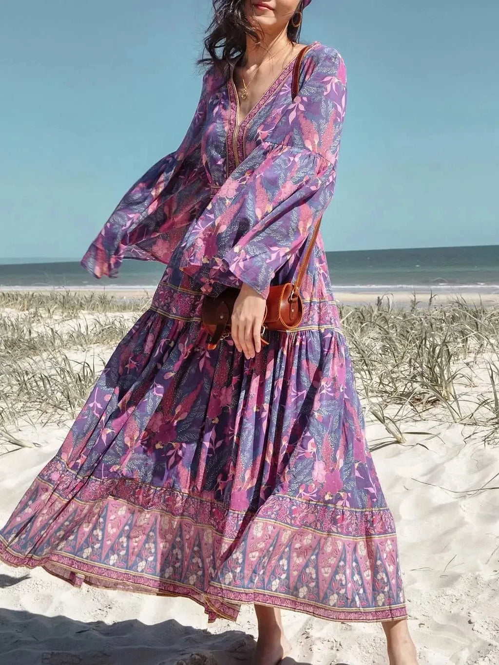 Vintage Chic Women Purple Floral Print V-Neck Rayon Beach Bohemian Dresses Ladies Tassel Lace-Up Summer Boho Maxi Dress Robe