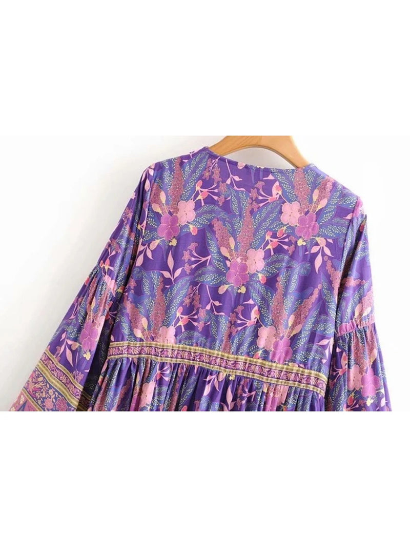 Vintage Chic Women Purple Floral Print V-Neck Rayon Beach Bohemian Dresses Ladies Tassel Lace-Up Summer Boho Maxi Dress Robe