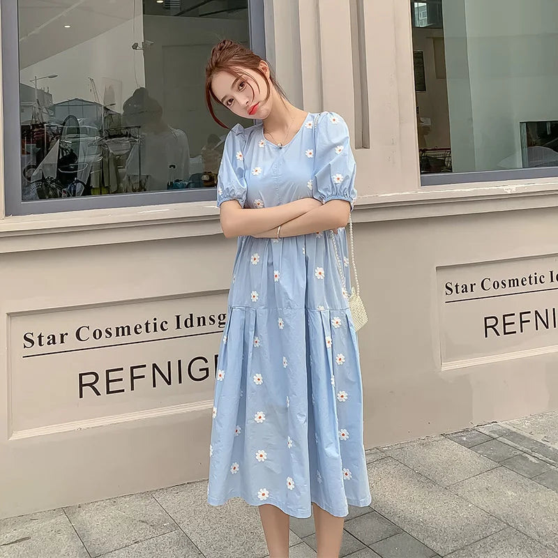 8003# Maternity Clothes Summer Floral Cotton Short Sleeve Loose Stylish Dress for Pregnant Women Mom Dress