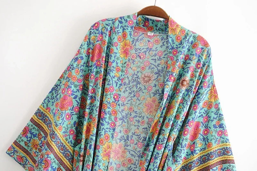 Women Green Floral Print Sashes Bohemian Kimono Ladies V Neck Batwing Sleeves Vintage Maxi Dress Robe