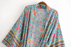 Women Green Floral Print Sashes Bohemian Kimono Ladies V Neck Batwing Sleeves Vintage Maxi Dress Robe