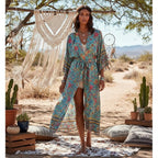 Women Green Floral Print Sashes Bohemian Kimono Ladies V Neck Batwing Sleeves Vintage Maxi Dress Robe
