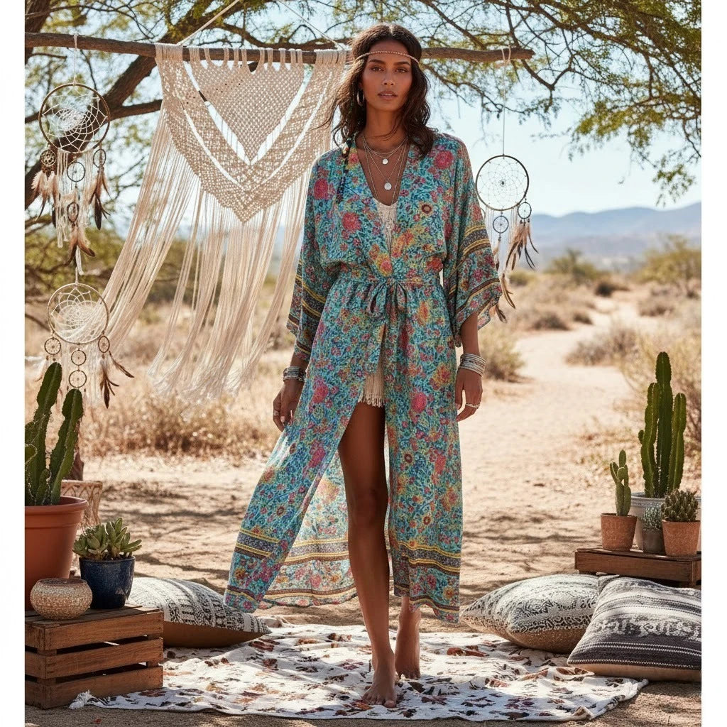 Women Green Floral Print Sashes Bohemian Kimono Ladies V Neck Batwing Sleeves Vintage Maxi Dress Robe