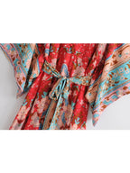 Vintage Chic Women Red Floral Print Bat Sleeve Beach Bohemian Dresses Kimono Ladies V Neck Sashes Boho Maxi Dress Vestidos