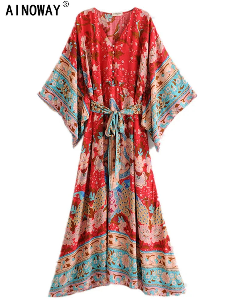 Vintage Chic Women Red Floral Print Bat Sleeve Beach Bohemian Dresses Kimono Ladies V Neck Sashes Boho Maxi Dress Vestidos