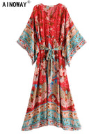 Vintage Chic Women Red Floral Print Bat Sleeve Beach Bohemian Dresses Kimono Ladies V Neck Sashes Boho Maxi Dress Vestidos