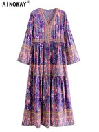 Vintage Chic Women Purple Floral Print V-Neck Rayon Beach Bohemian Dresses Ladies Tassel Lace-Up Summer Boho Maxi Dress Robe