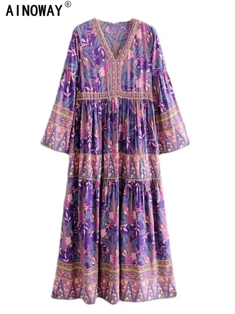Vintage Chic Women Purple Floral Print V-Neck Rayon Beach Bohemian Dresses Ladies Tassel Lace-Up Summer Boho Maxi Dress Robe