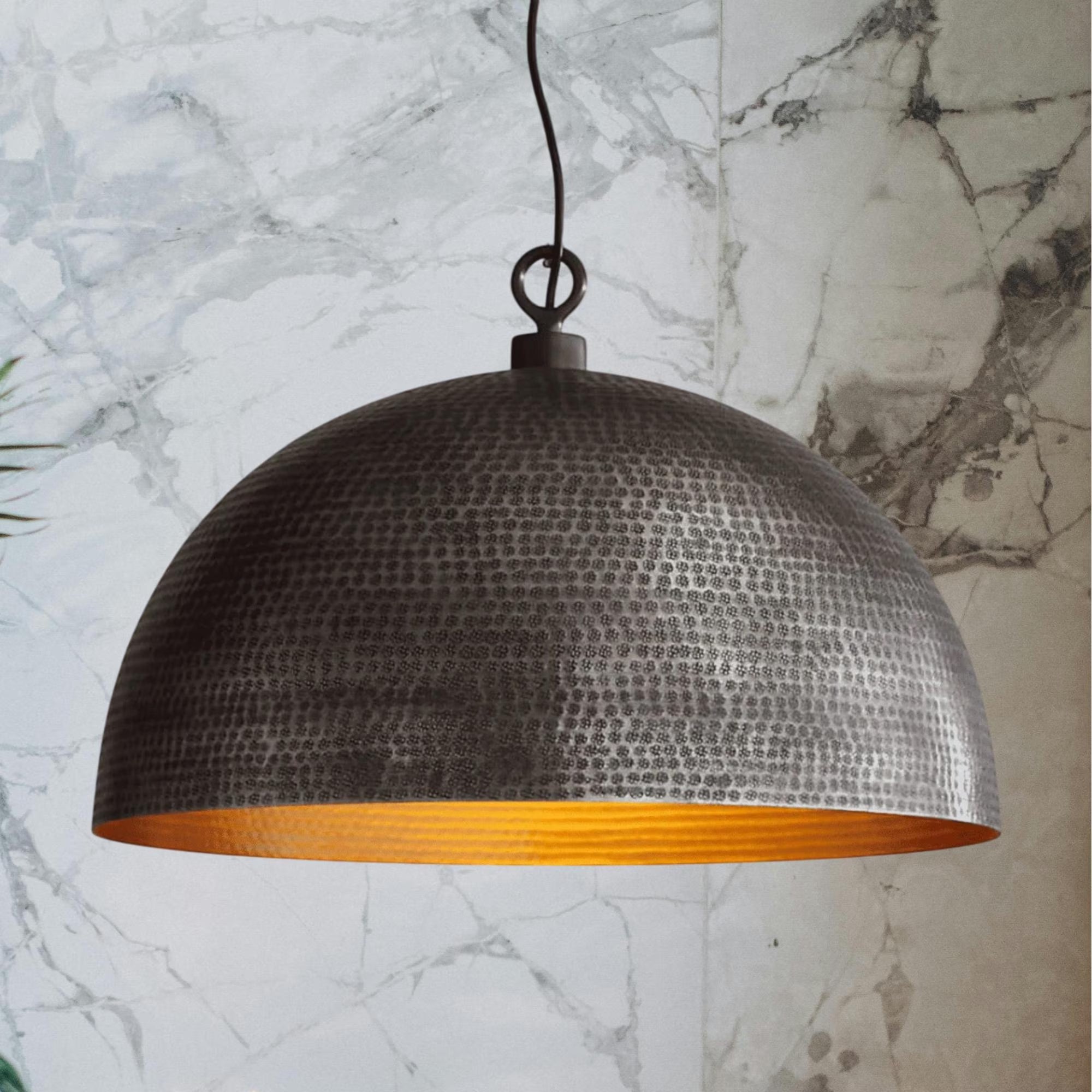 Hammered Black Brass Dome Pendant Light - Handmade Moroccan Ceiling Lamp